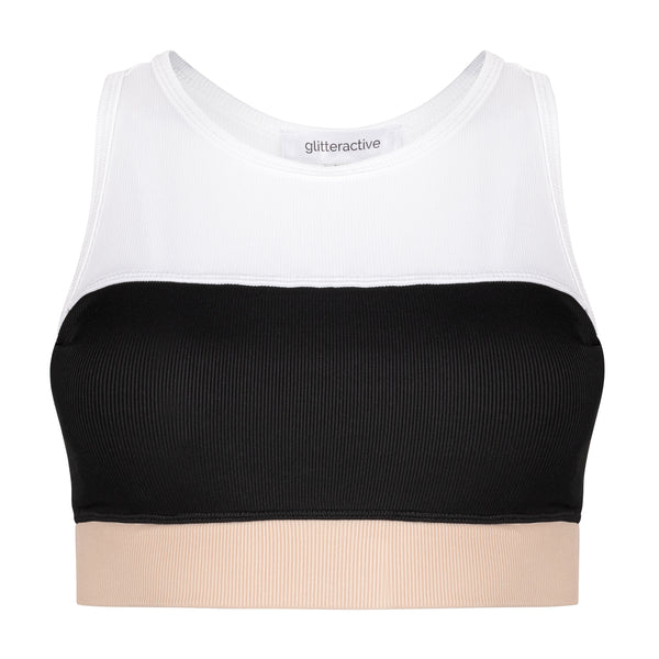 glitteractive color block sports bra front. ribbed texted neutral colors